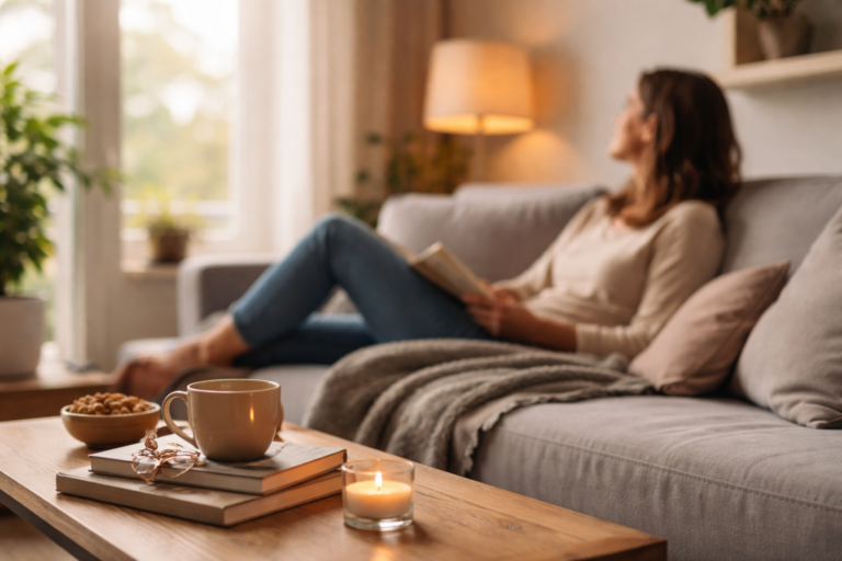 Sunlight fills a living room as a person sits quietly on a sofa with a relaxed posture.