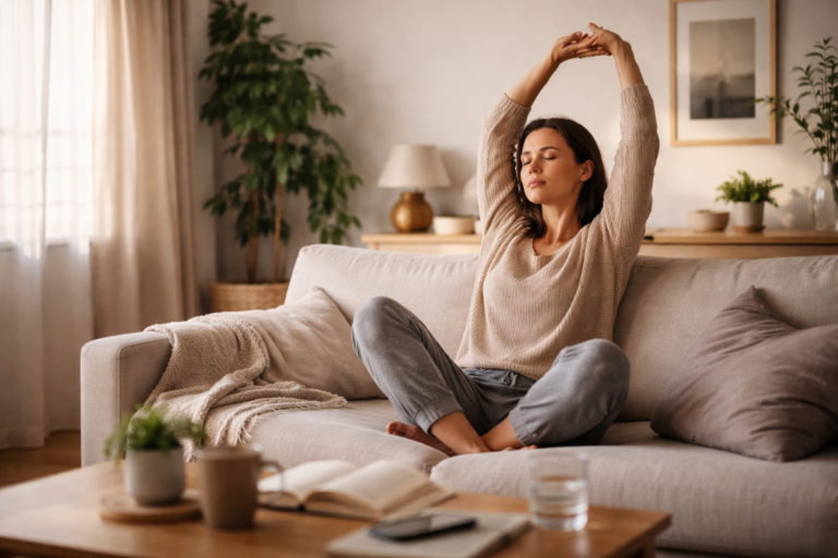An adult sitting on a sofa near a window, gently stretching while daylight fills the room