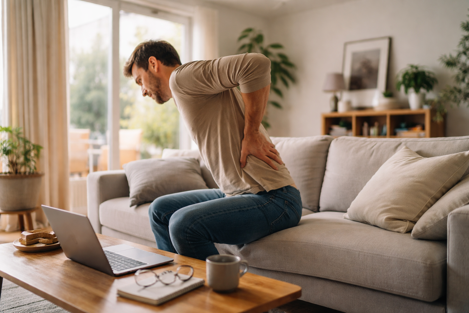 A person pausing to stretch after sitting, with natural light coming through a nearby window