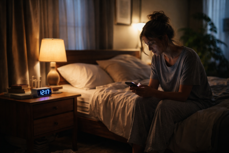 A quiet living room with soft lamp light, a couch, and a folded blanket near a window at dusk
