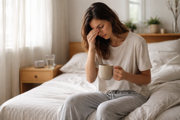 A person sitting on the edge of an unmade bed as soft daylight comes through the window