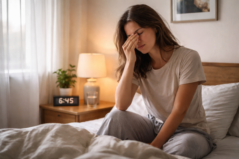An adult pauses after waking, looking toward the window in a calm, lived-in room