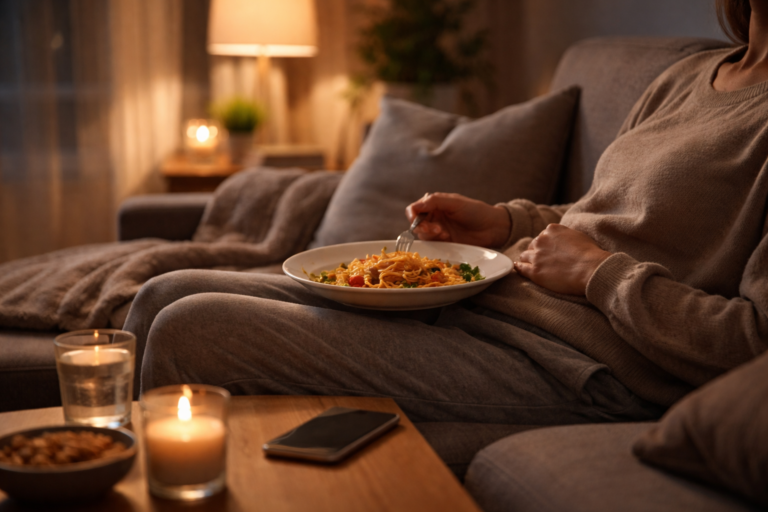A simple kitchen scene with warm lamplight and dishes resting on the table