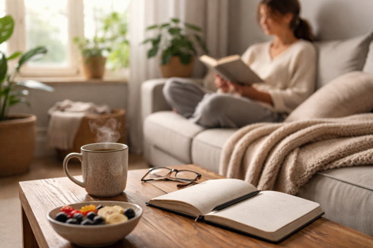 Soft morning light falling across a wooden table with a steaming mug and notebook