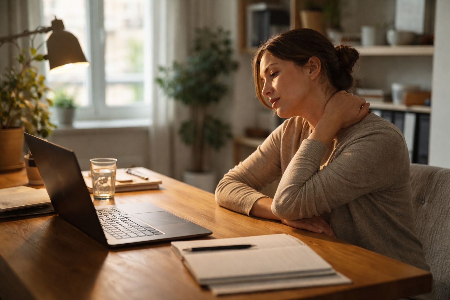 A person sitting at a desk near a window with soft daylight coming in