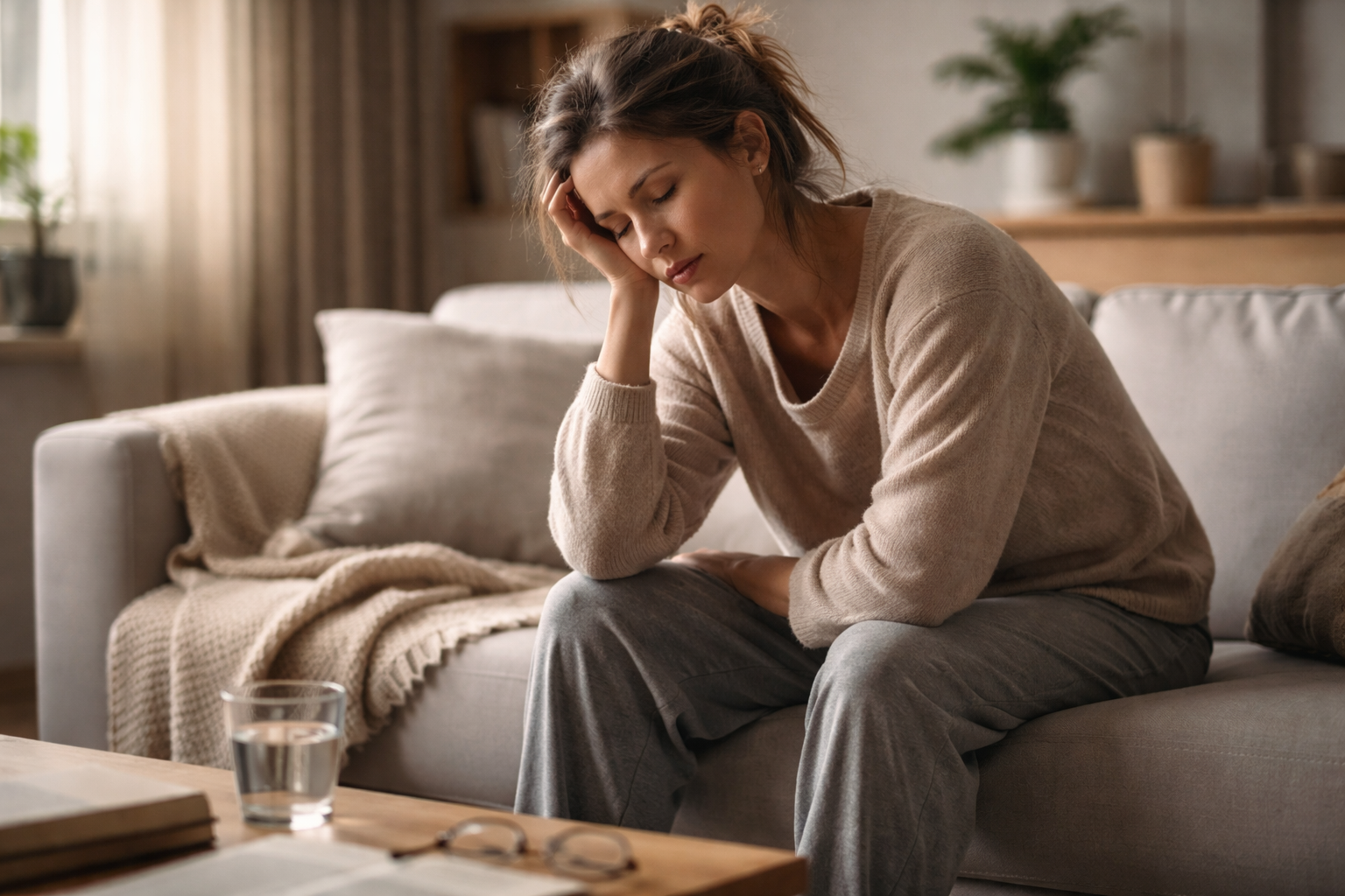 A person sits on the edge of a couch near a window with soft daylight coming through sheer curtains