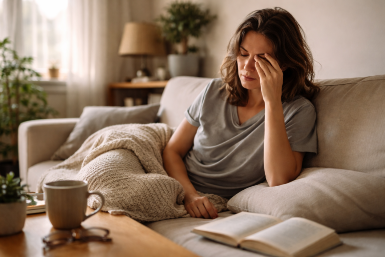 Someone slightly slouched on a sofa after resting, with a throw blanket and a mug nearby