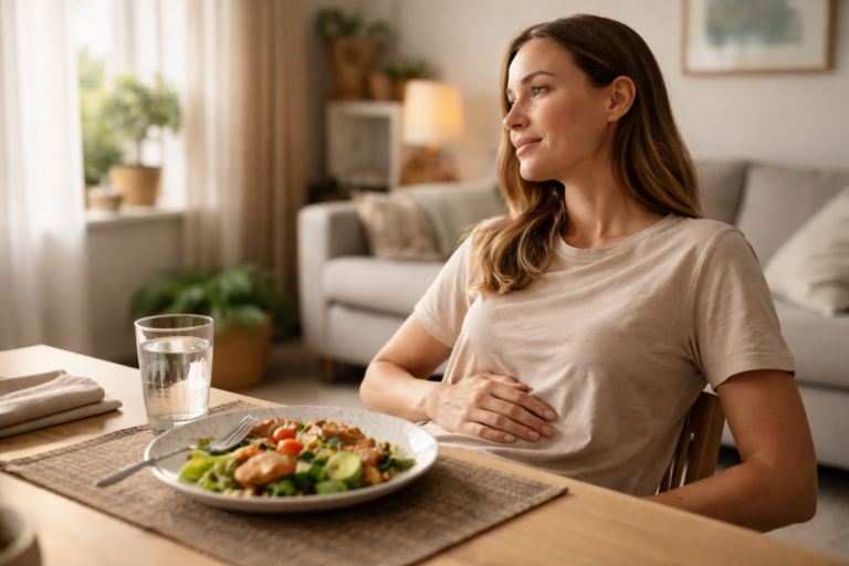 An adult sits at a small dining table by a window, pausing with a simple meal partly left on the plate.