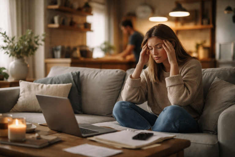 An adult sitting at a small kitchen table near a window with a closed laptop and a mug nearby