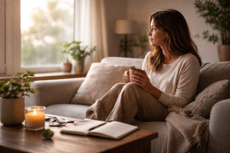 Soft sunlight fills a living room as a person sits on a couch looking toward the window
