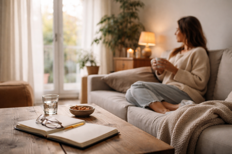 A woman sitting on a sofa holding a mug, with soft daylight coming through sheer curtains