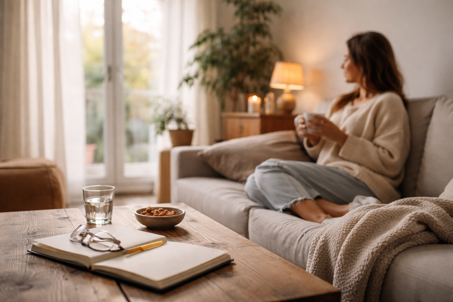 A woman sitting on a sofa holding a mug, with soft daylight coming through sheer curtains