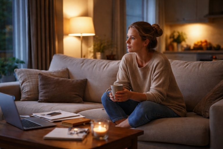 An adult sits at a table with an open laptop and notebook, pausing and looking away as daylight comes through a nearby window.