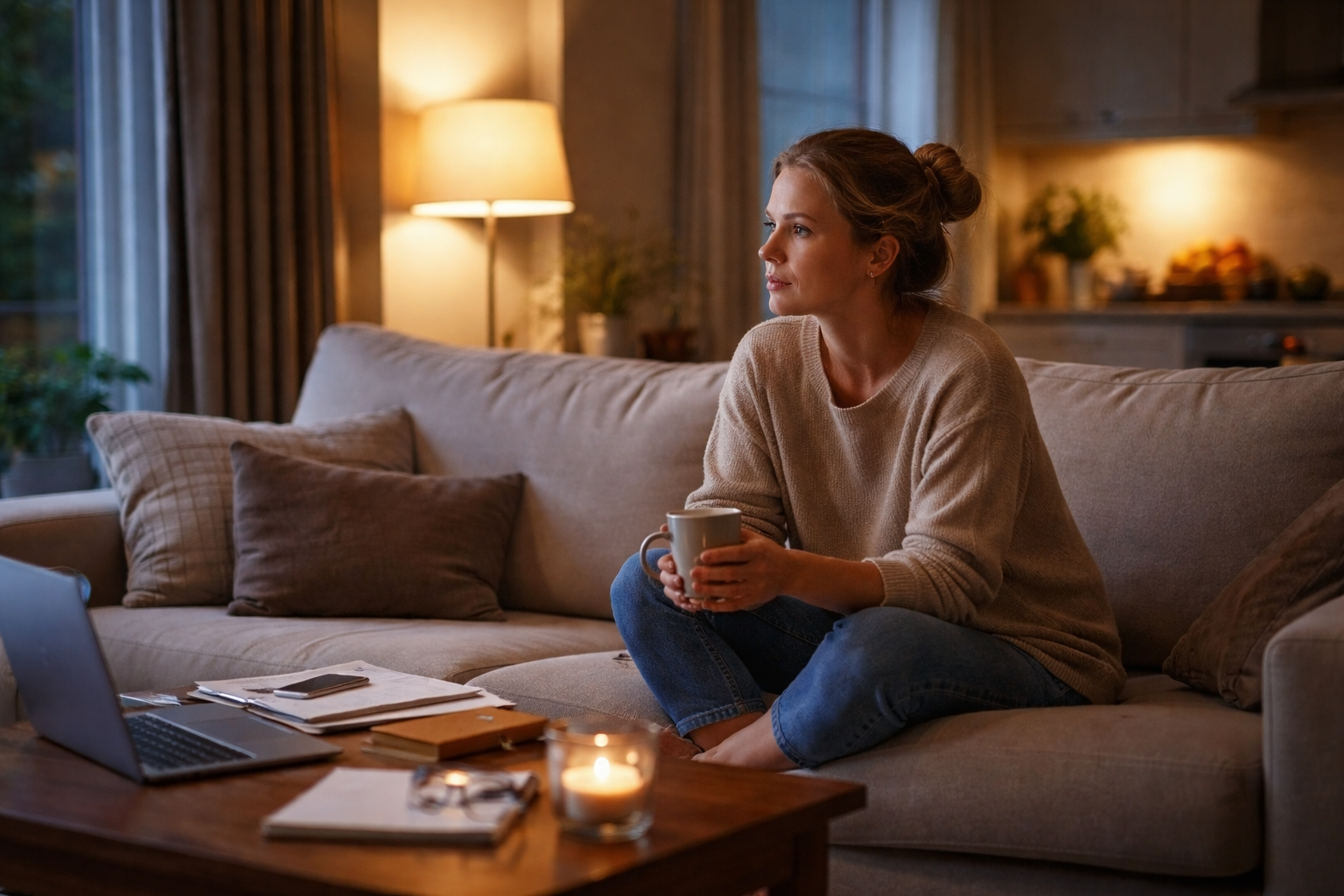 An adult sits at a table with an open laptop and notebook, pausing and looking away as daylight comes through a nearby window.