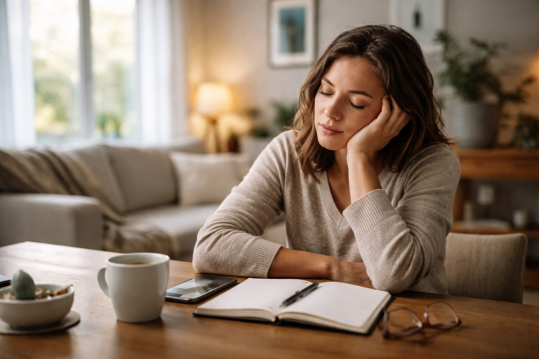 An adult sitting at a table near a window, hands resting still, with soft daylight filling the room