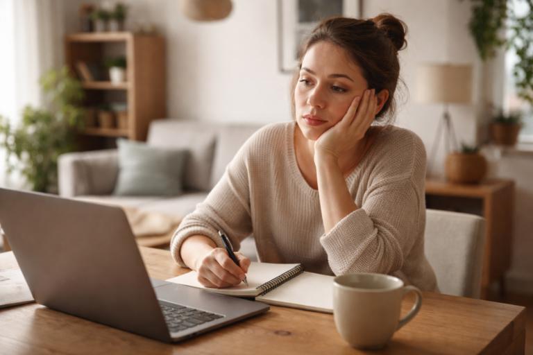 A softly lit living room with sunlight filtering through curtains and someone sitting quietly on a couch