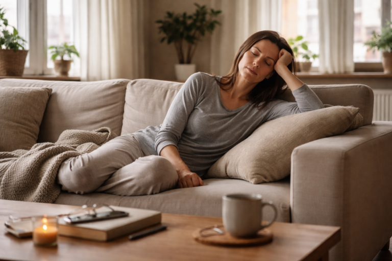 Soft daylight falls across a couch with a loose blanket and a mug on the table nearby