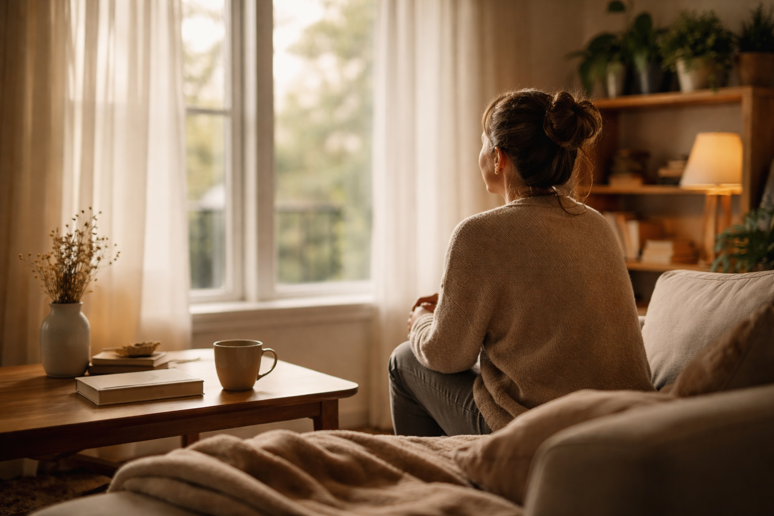 A person sitting on a sofa near a window with soft daylight filling a simple living room