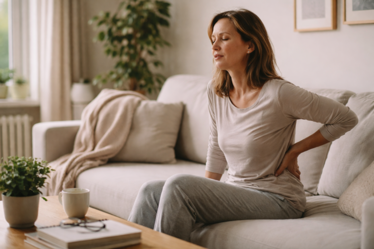 A person resting on a sofa in a simple room with neutral tones and natural light