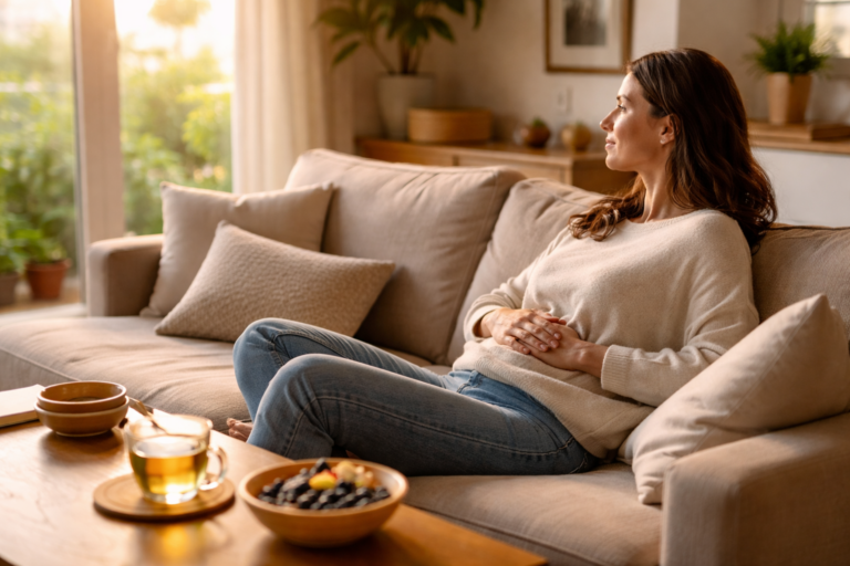 An unstaged indoor scene showing someone seated at a kitchen table, appearing relaxed and thoughtful.