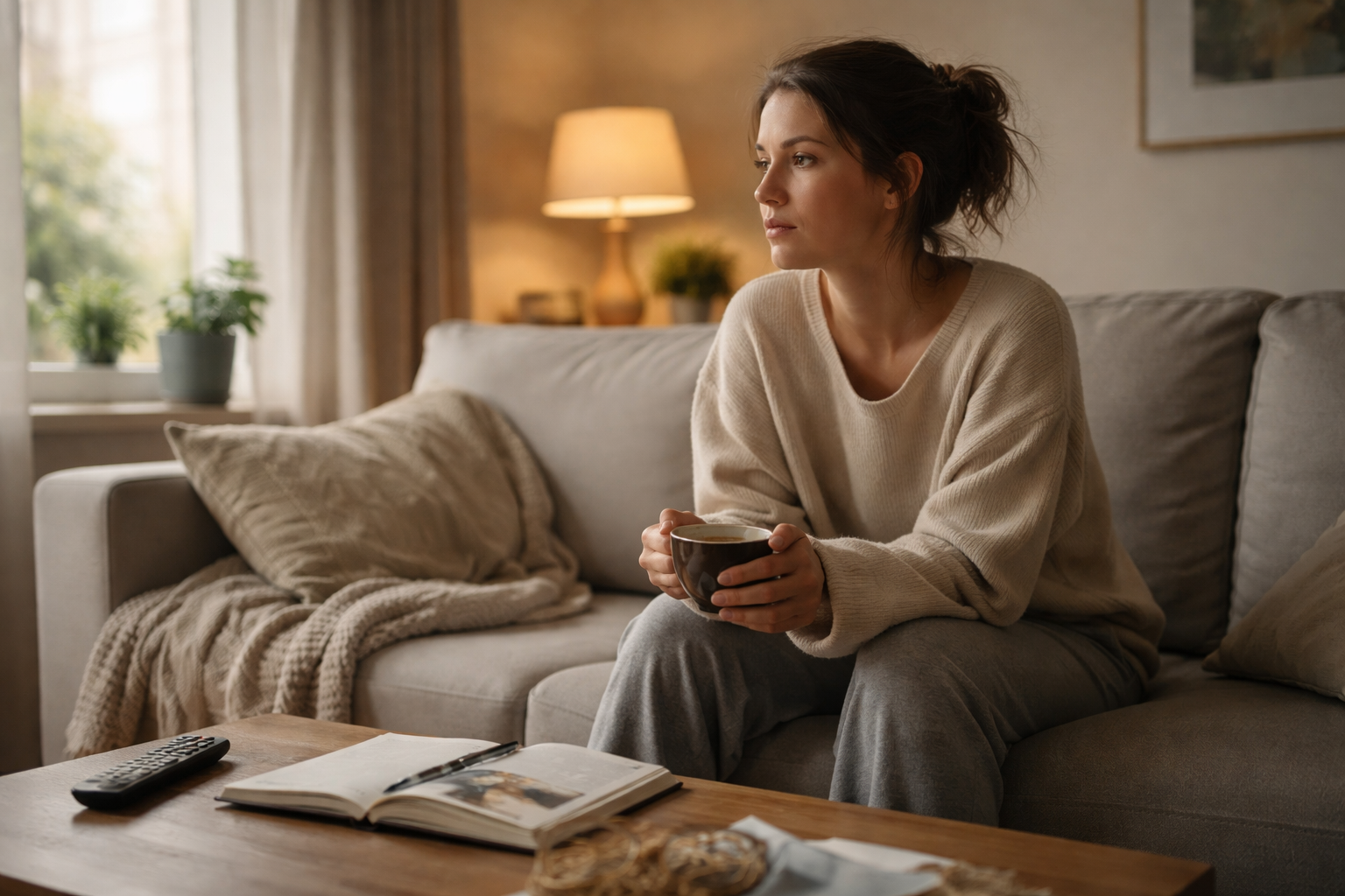 Sunlight coming through a window into a quiet living room with a couch and small table