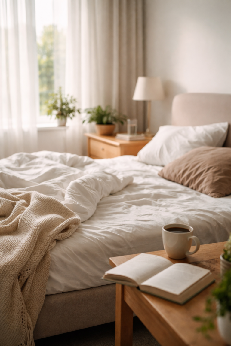 Sunlight filters through sheer curtains onto an unmade bed with white sheets and a cozy blanket.