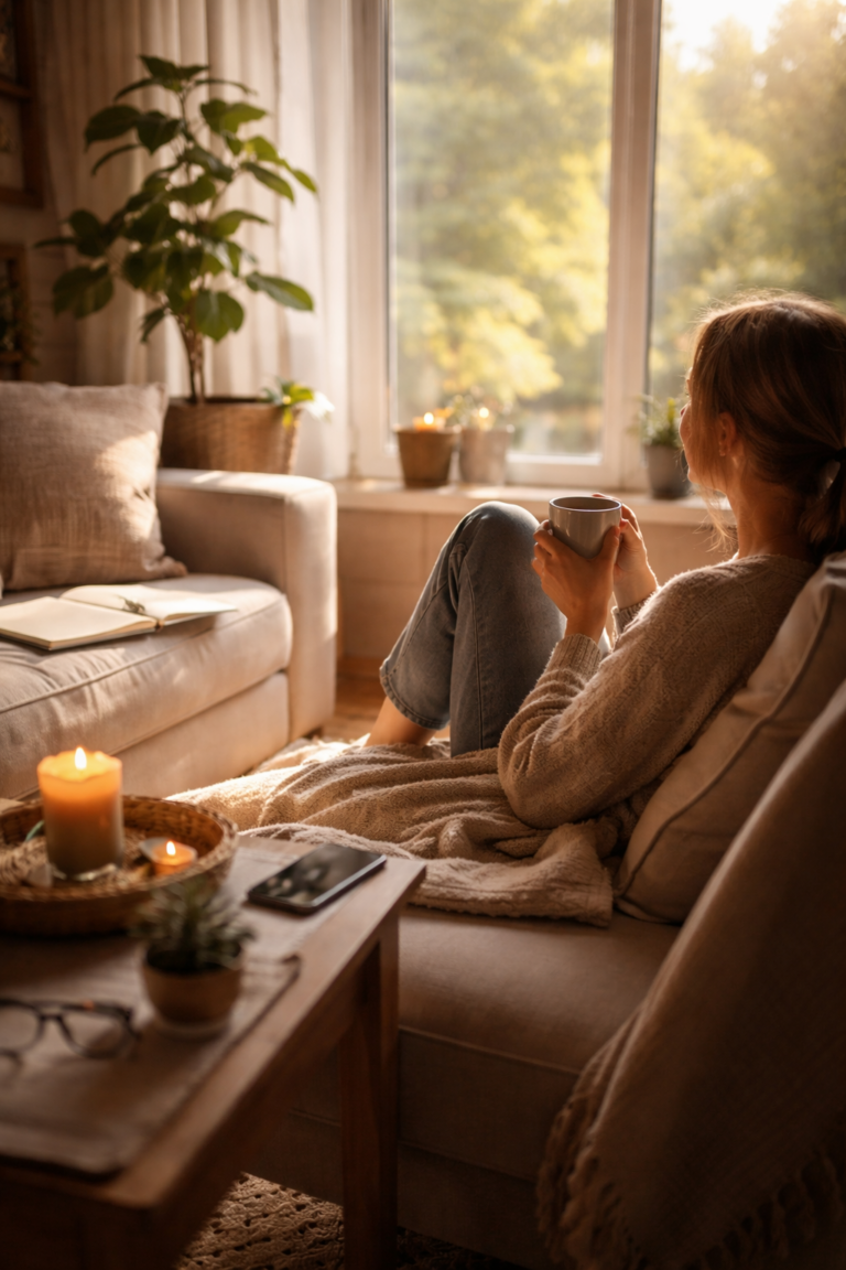 Soft daylight fills a calm living room with a couch, a light blanket, and a small table near the window