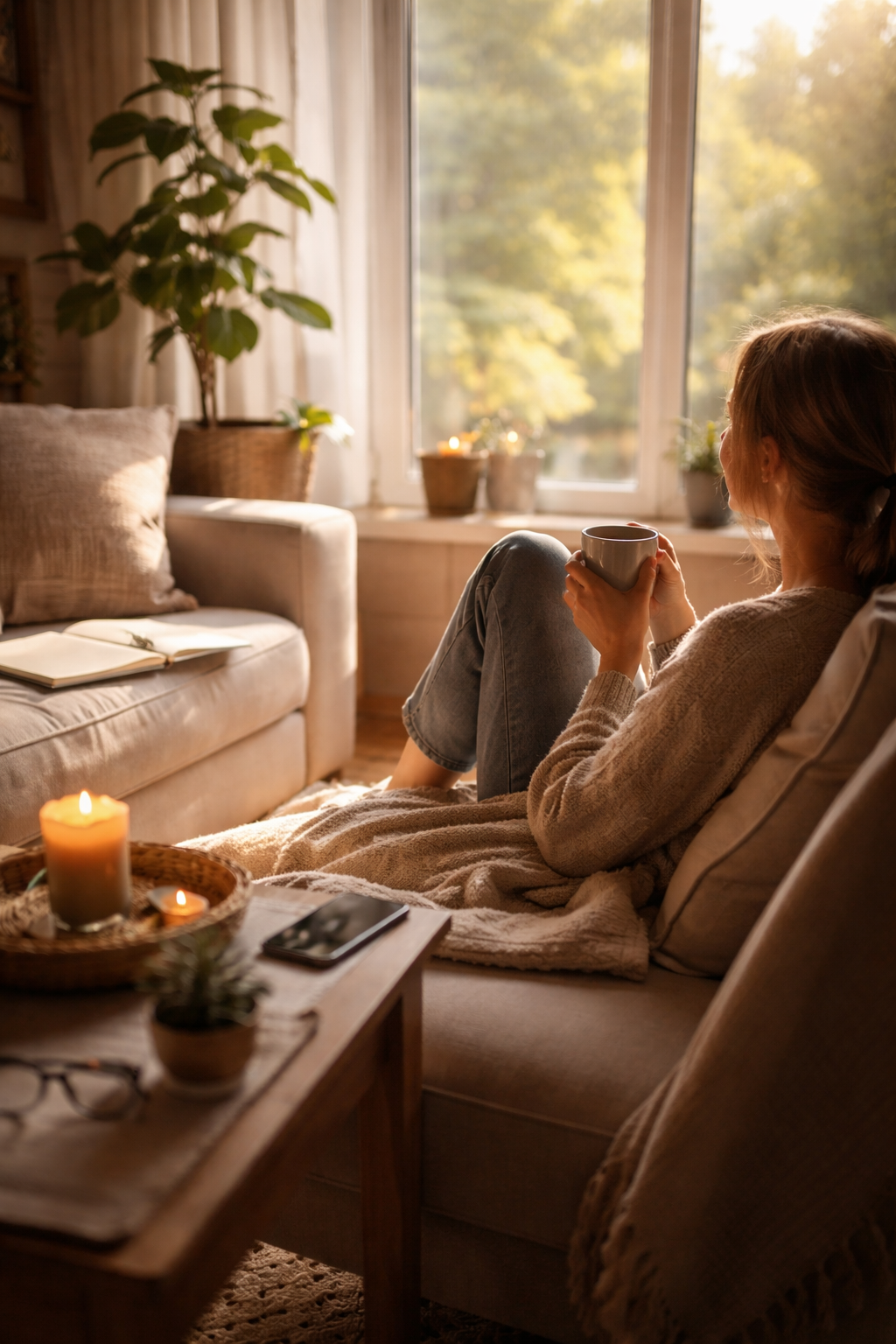 Soft daylight fills a calm living room with a couch, a light blanket, and a small table near the window