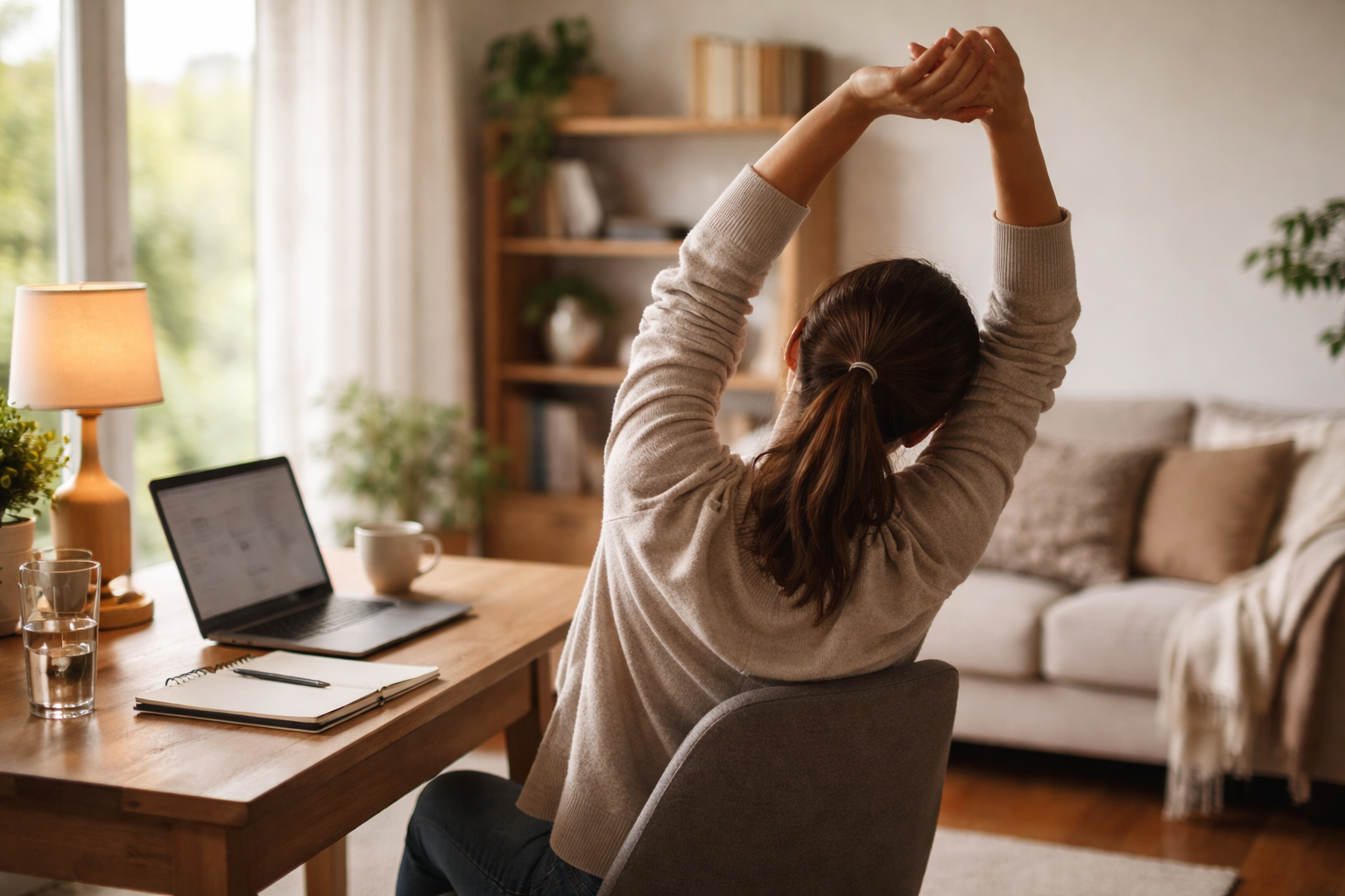 Soft daylight falls across a couch with a loosely draped blanket and indented cushions