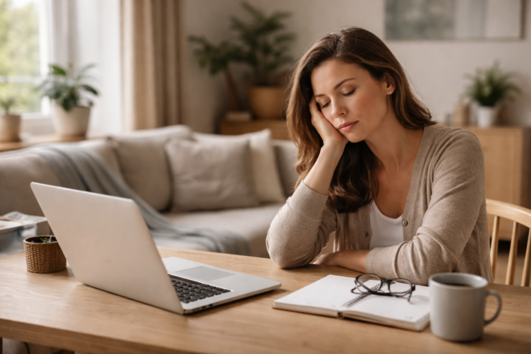 A woman sitting at a wooden table with her head resting on her hand beside an open laptop