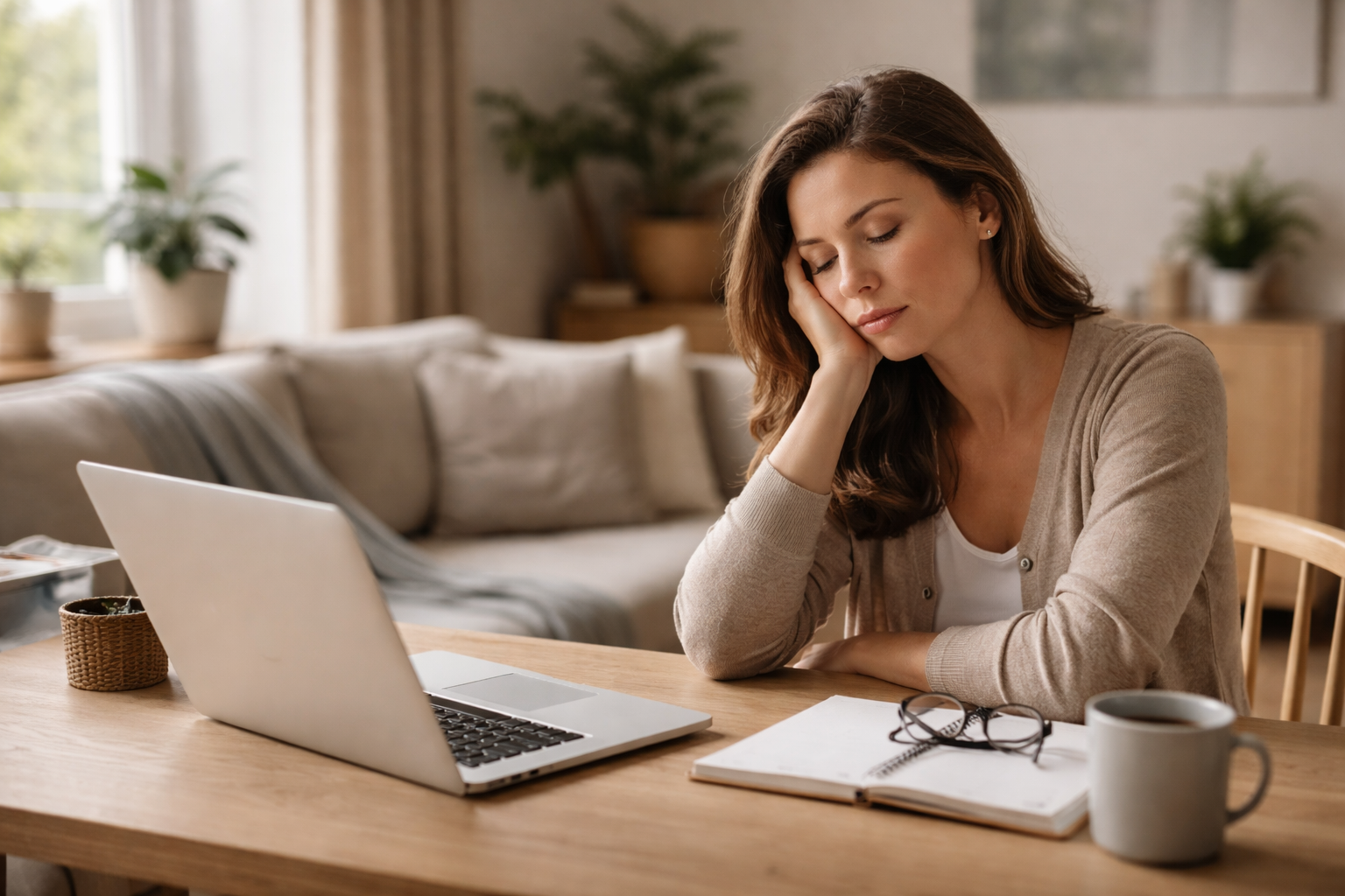 A woman sitting at a wooden table with her head resting on her hand beside an open laptop