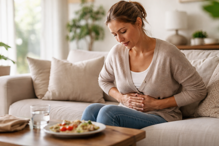 A woman seated at a kitchen table with soft daylight coming through a window