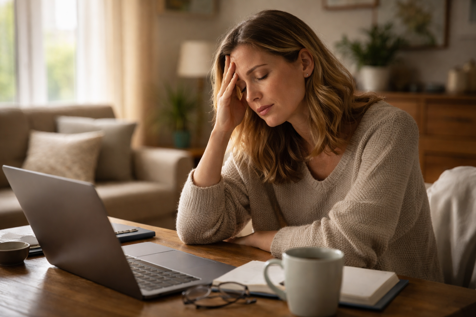 A woman with wavy blonde hair sits at a wooden table with a laptop, coffee mug, and notebook.