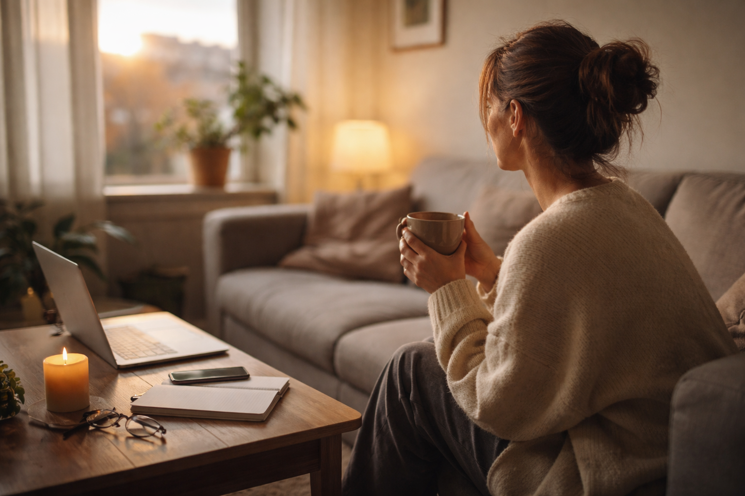 A woman in a loose sweater sits on a couch holding a mug, facing a window with warm light coming through