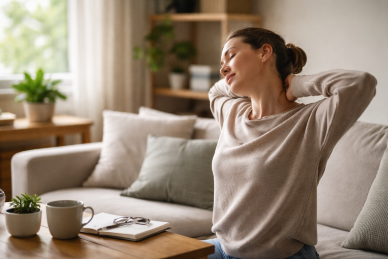 A woman sits on a light-colored couch with her hands behind her neck, eyes closed, in a softly lit living room