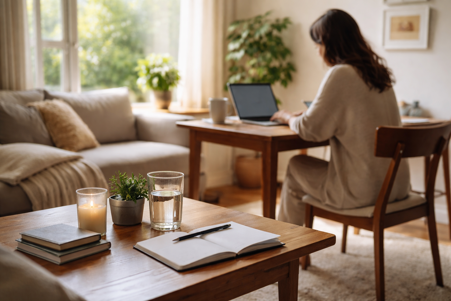 A woman sitting at a wooden dining table using a laptop in a softly lit living room