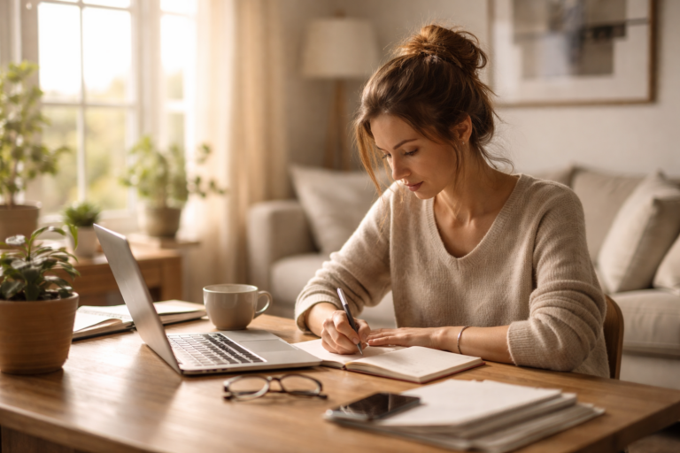 A relaxed indoor scene showing a woman working at a desk bathed in soft, warm sunlight, with a laptop and plant nearby.