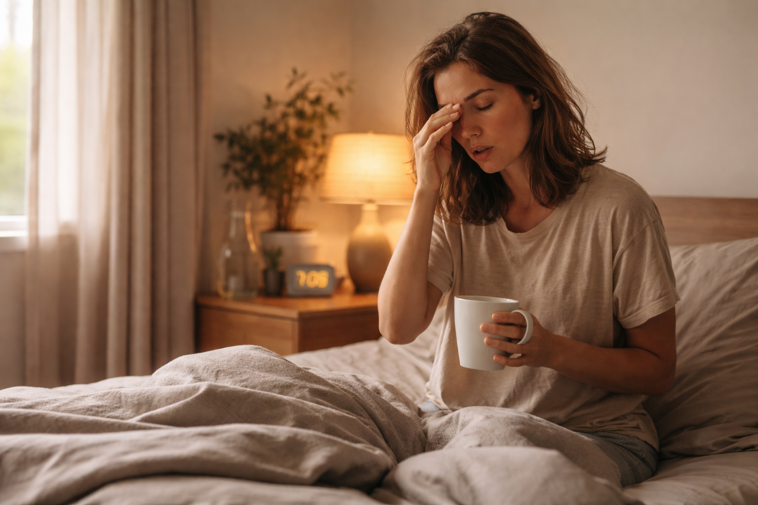 A woman sitting on her bed in the morning, holding a mug and rubbing her eyes.