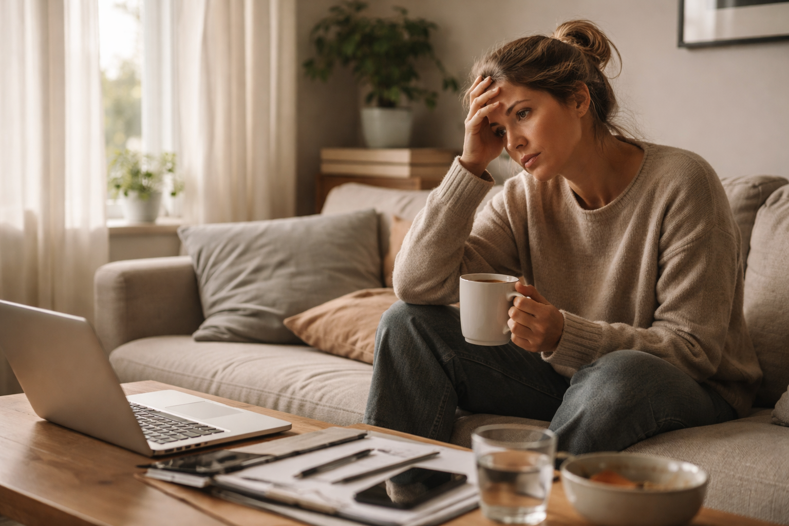 An adult sits at a small table near a window, light coming through thin curtains