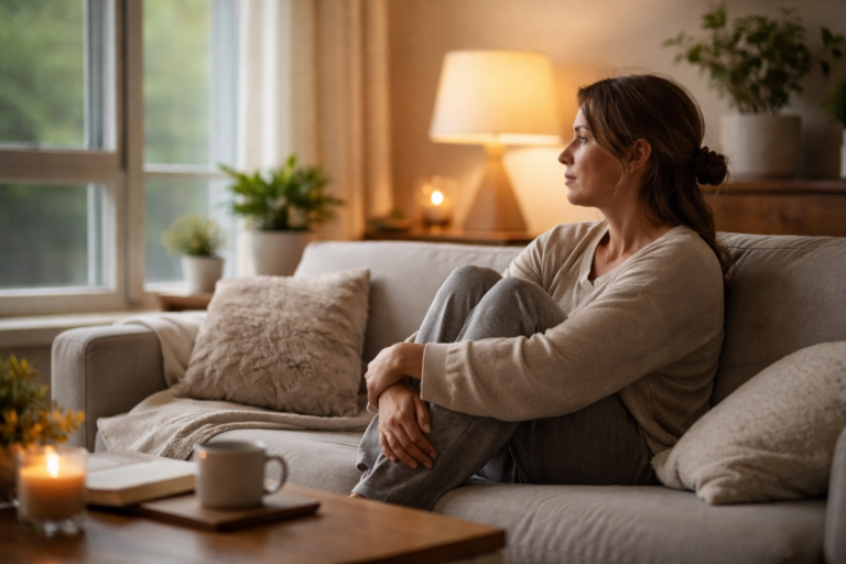 A seated woman appears in layered motion blur in a cozy living room setting