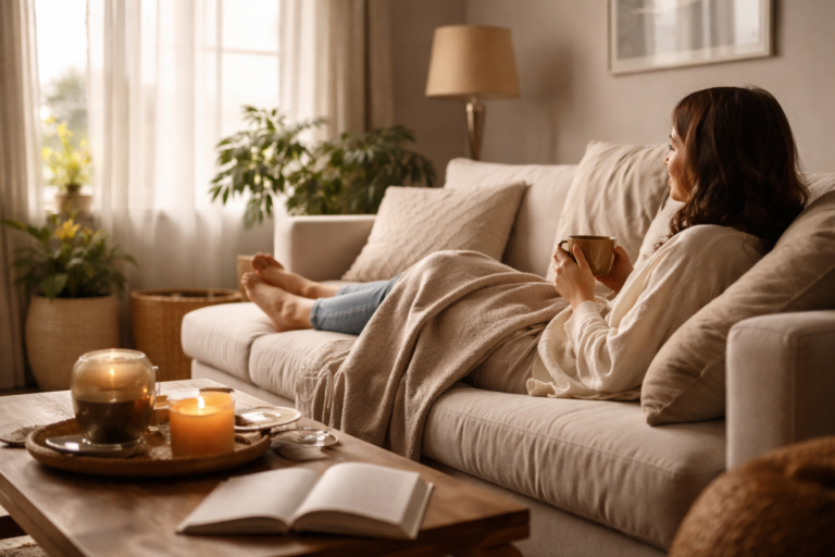 A cozy home setting with a sofa, small table, and natural light