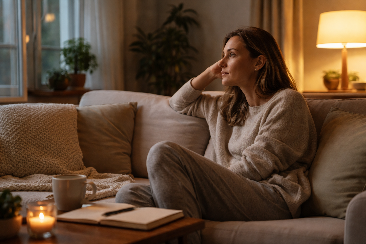 Soft lamp light glowing in a living room with a sofa and small table