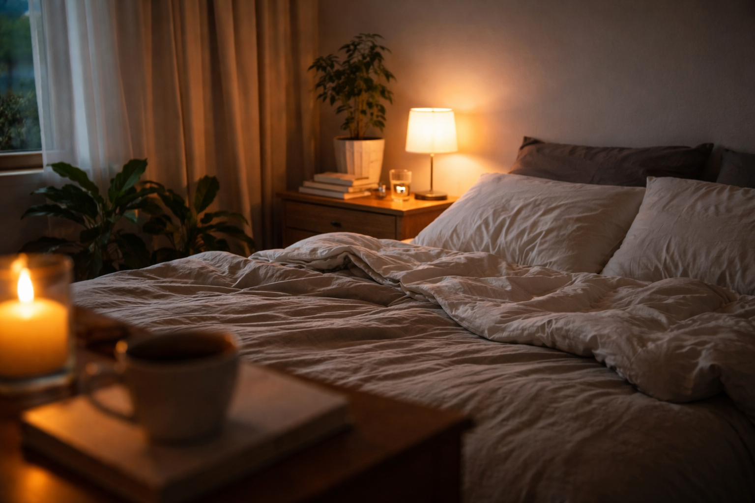 A softly lit bedroom with a bedside lamp casting warm light over rumpled sheets