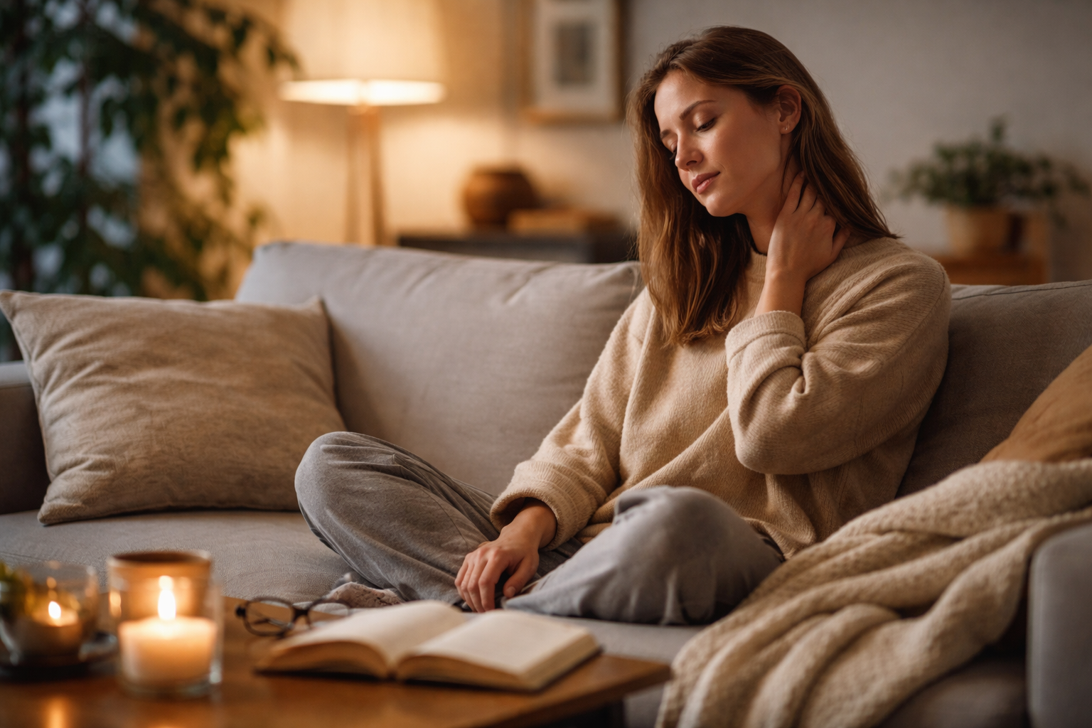 Sunlight falling across a couch, coffee table, and a mug in a quiet living room