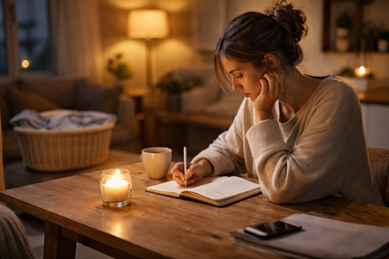 Soft lamp light fills a living room while a person sits near a window with dusk visible outside