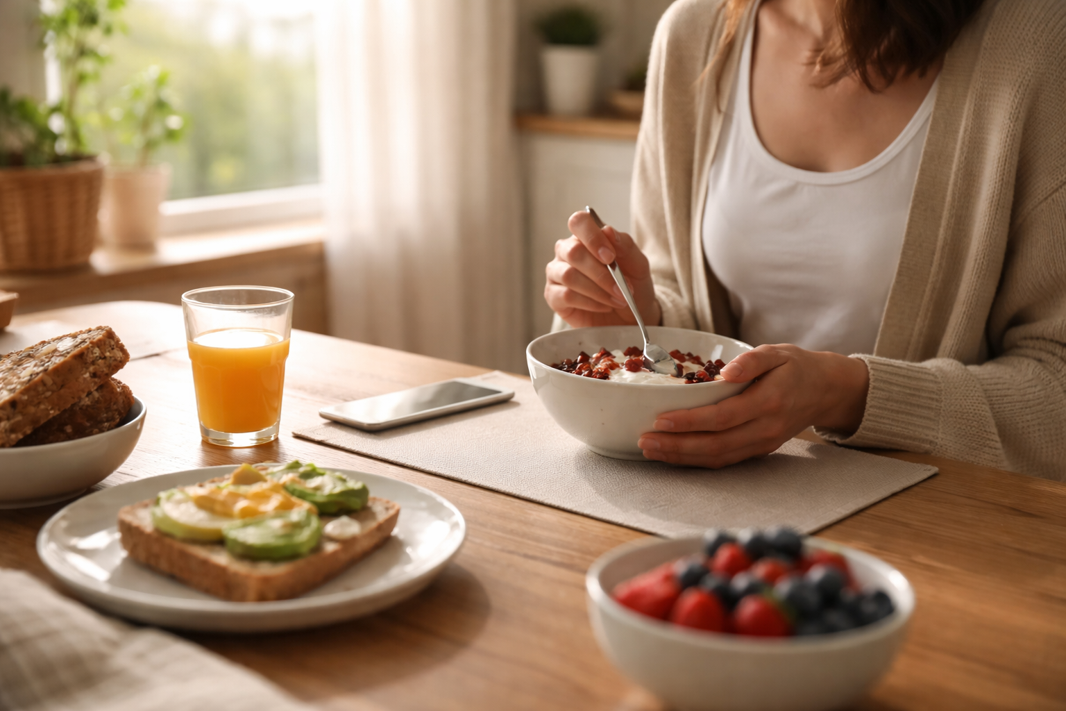 Soft sunlight coming through a kitchen window onto a wooden table