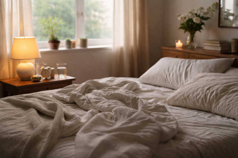 Rumpled blankets and pillows on a bed in a softly lit room