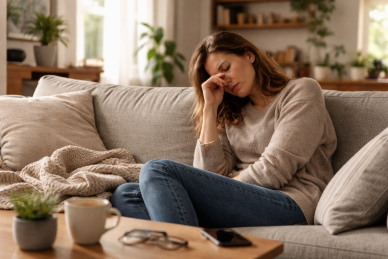 An adult lying on a couch with one arm over their eyes as daylight comes through a window