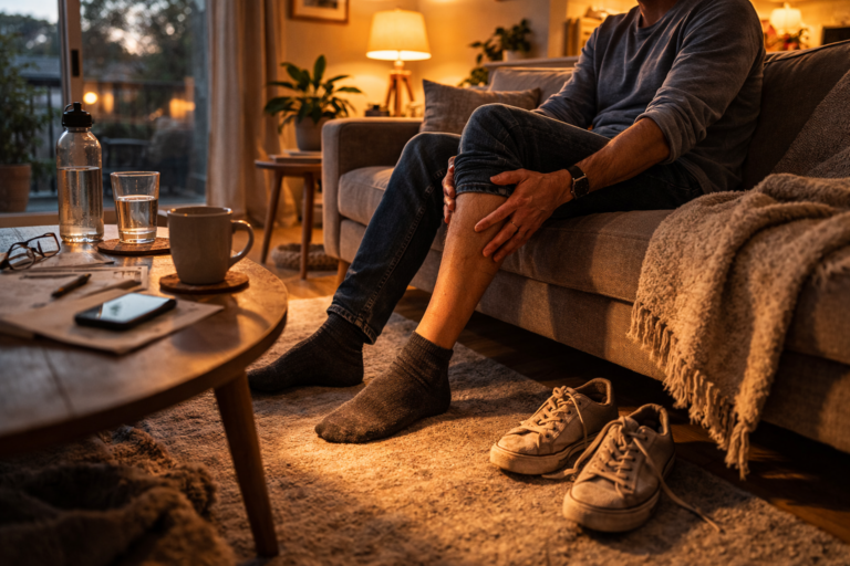 A person sitting back on a living room sofa with their legs stretched out as warm evening light filters through a window
