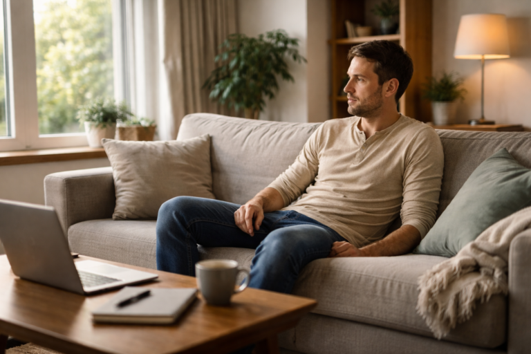 Adult sitting on a couch by a window with one leg angled outward and daylight coming through light curtains